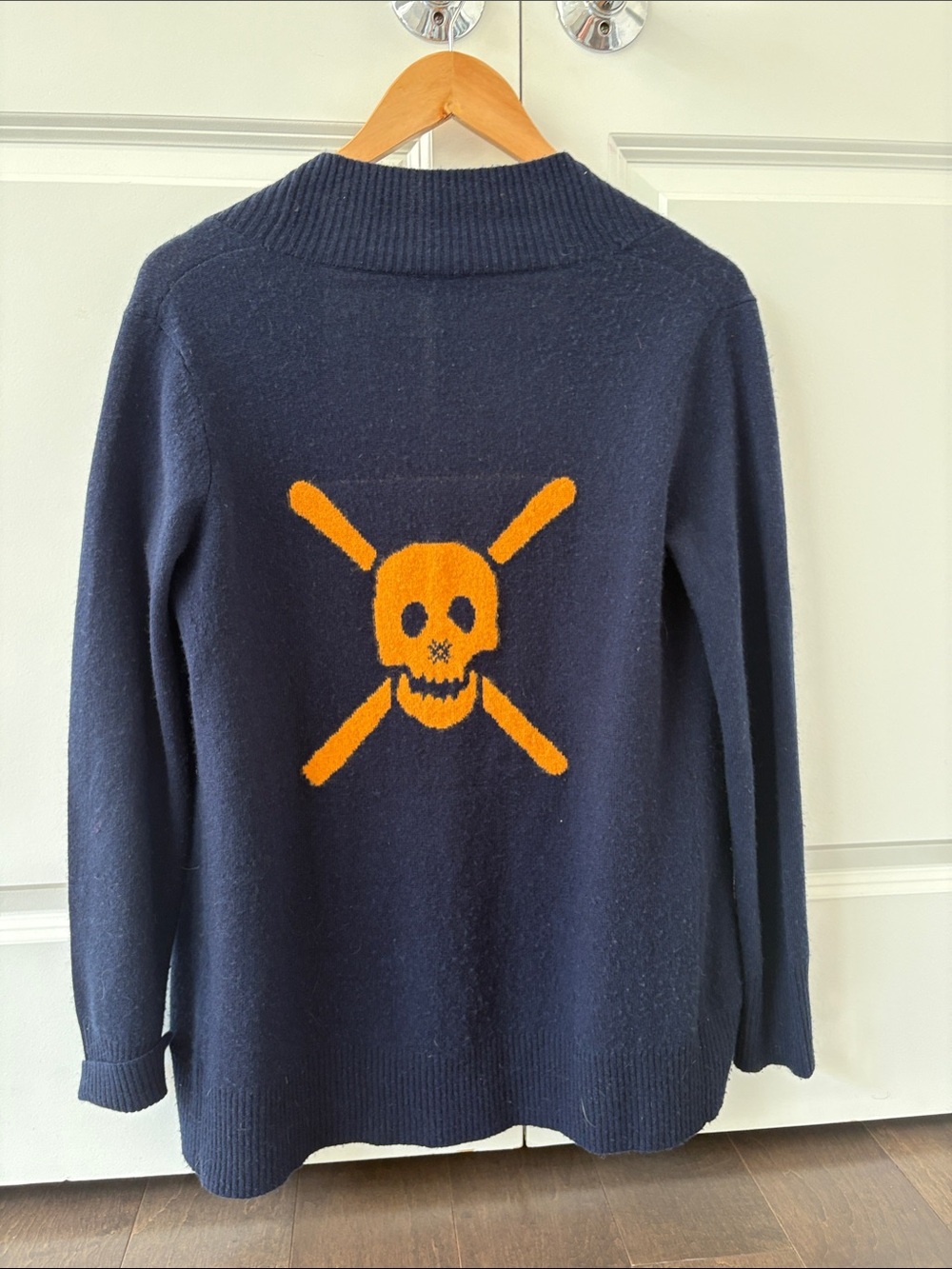 Navy Women's Knit Cardigan with Orange Skull Motif